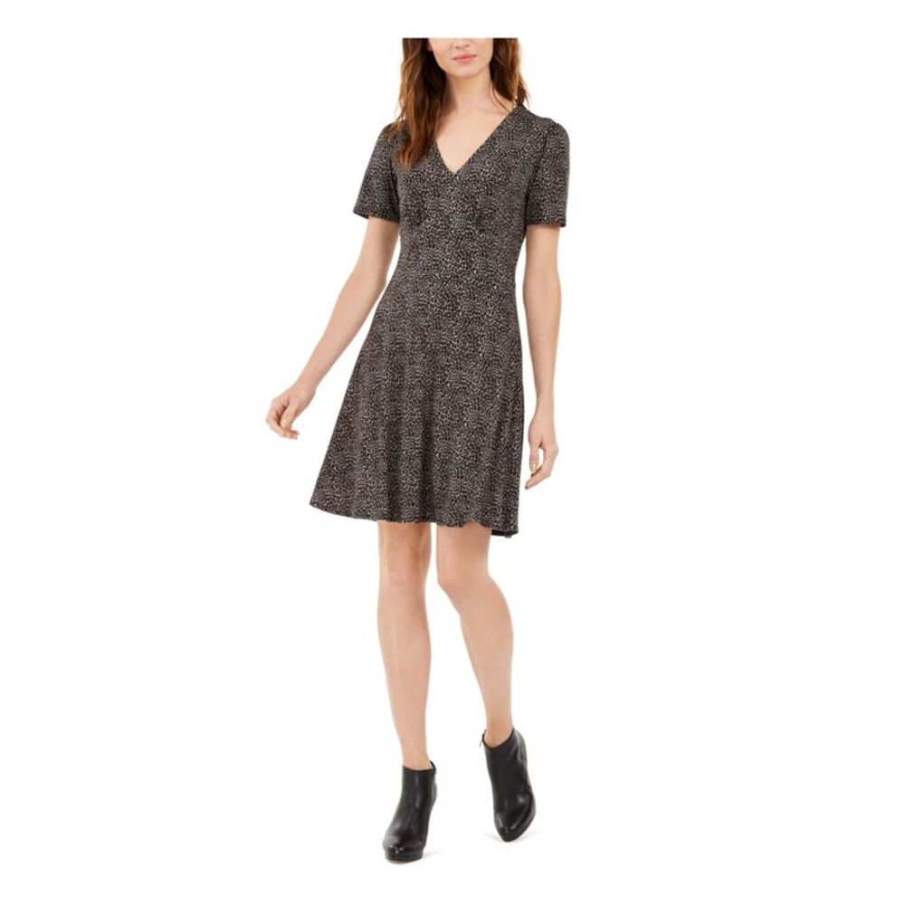 MICHAEL KORS Womens Gray Stretch Zippered Animal Print A-Line Dress Petites PL